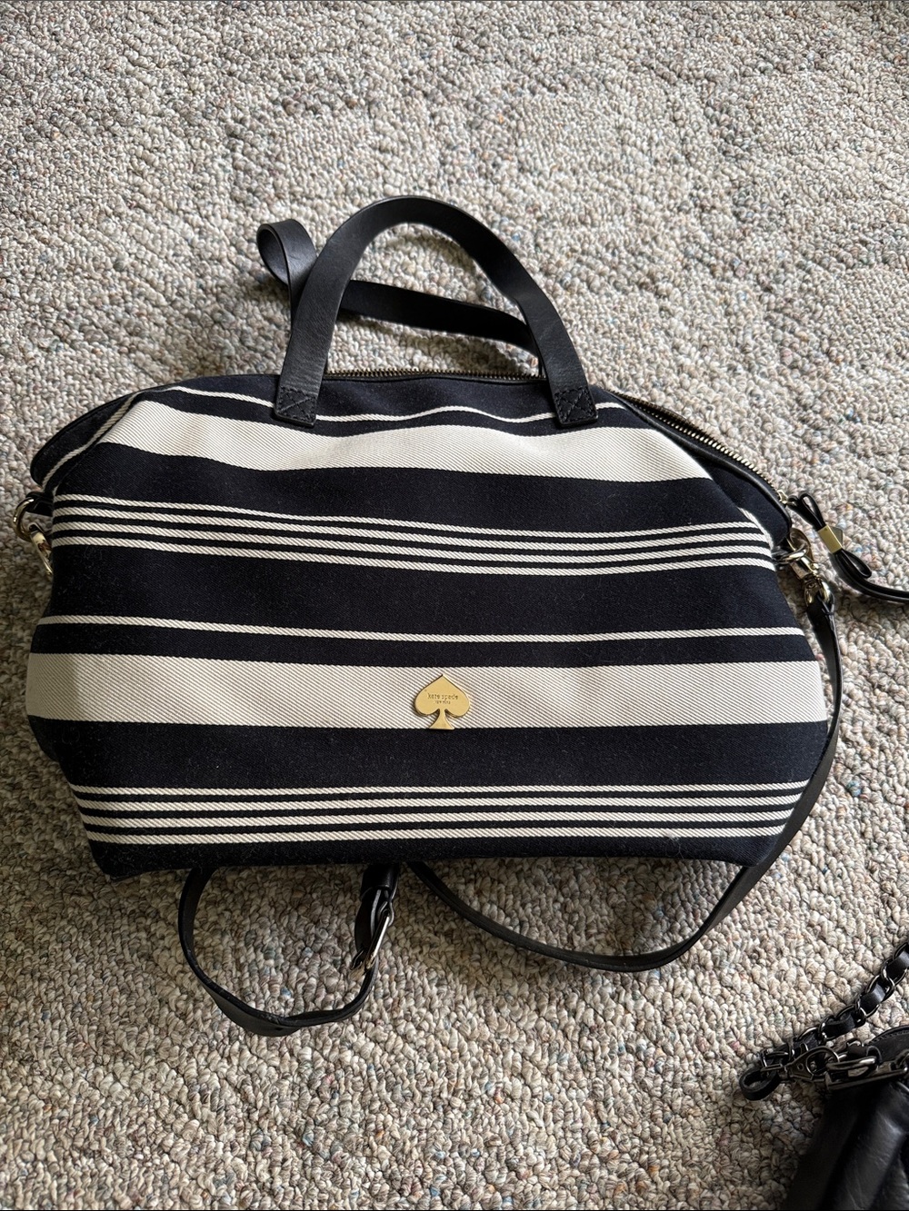 kate spade Black & White Striped Canvas Satchel with Gold Spade Accent